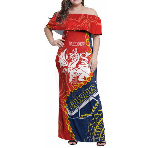 Custom Dragons And Cowboys Rugby Family Matching Off Shoulder Maxi Dress and Hawaiian Shirt Aboriginal Mix Polynesian Pattern