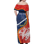 Custom Dragons And Cowboys Rugby Family Matching Off Shoulder Maxi Dress and Hawaiian Shirt Aboriginal Mix Polynesian Pattern