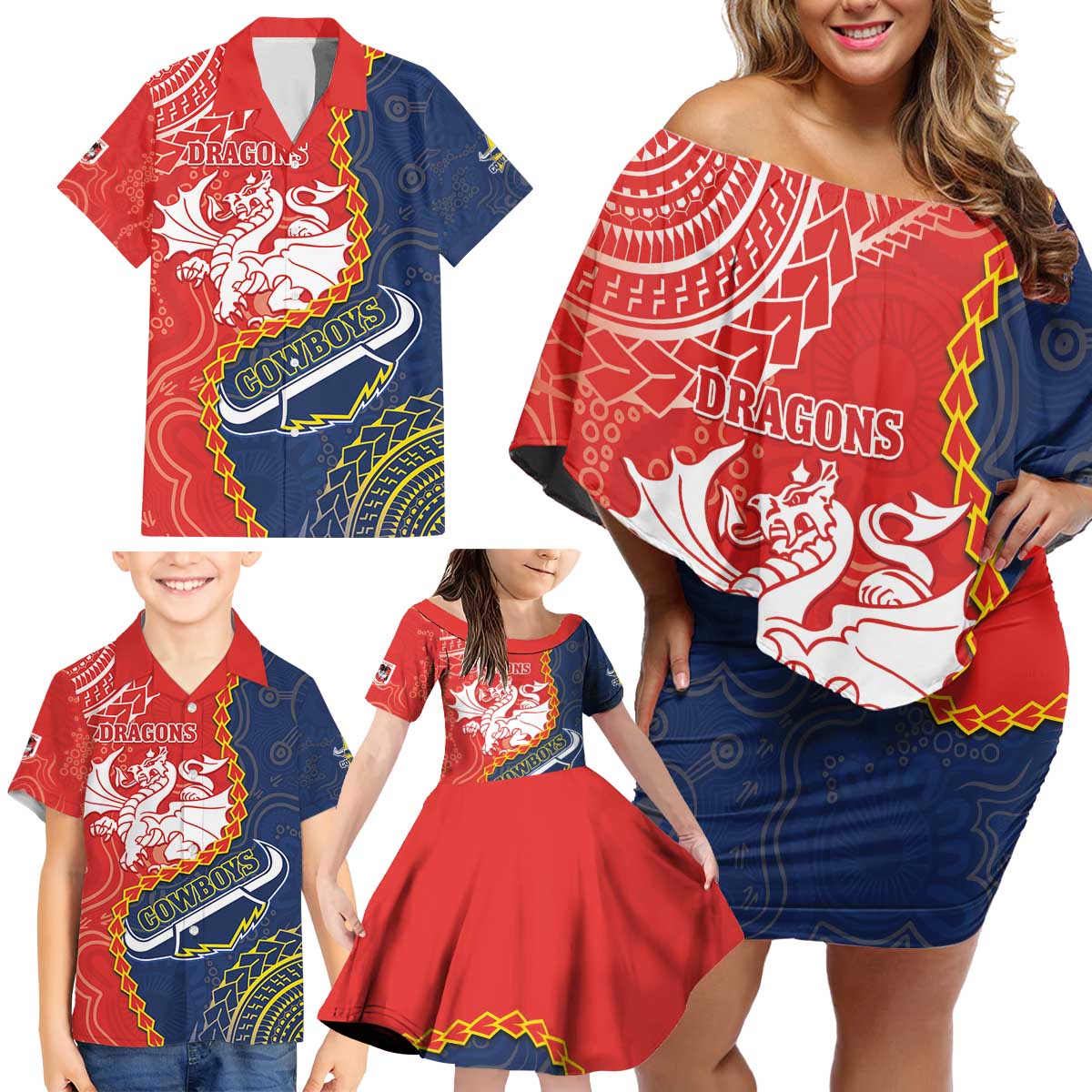 Custom Dragons And Cowboys Rugby Family Matching Off Shoulder Short Dress and Hawaiian Shirt Aboriginal Mix Polynesian Pattern
