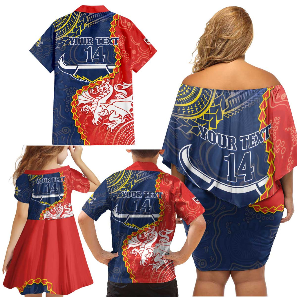 Custom Dragons And Cowboys Rugby Family Matching Off Shoulder Short Dress and Hawaiian Shirt Aboriginal Mix Polynesian Pattern