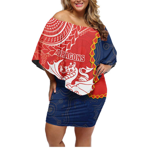 Custom Dragons And Cowboys Rugby Family Matching Off Shoulder Short Dress and Hawaiian Shirt Aboriginal Mix Polynesian Pattern