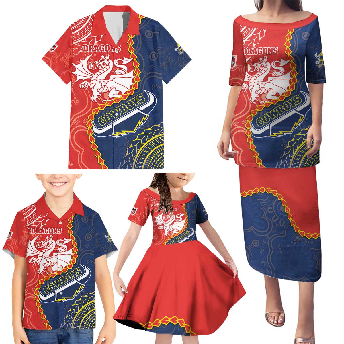 Custom Dragons And Cowboys Rugby Family Matching Puletasi and Hawaiian Shirt Aboriginal Mix Polynesian Pattern