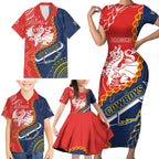 Custom Dragons And Cowboys Rugby Family Matching Short Sleeve Bodycon Dress and Hawaiian Shirt Aboriginal Mix Polynesian Pattern