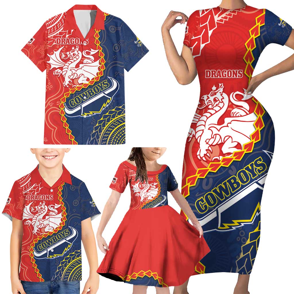 Custom Dragons And Cowboys Rugby Family Matching Short Sleeve Bodycon Dress and Hawaiian Shirt Aboriginal Mix Polynesian Pattern