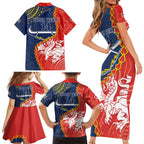 Custom Dragons And Cowboys Rugby Family Matching Short Sleeve Bodycon Dress and Hawaiian Shirt Aboriginal Mix Polynesian Pattern