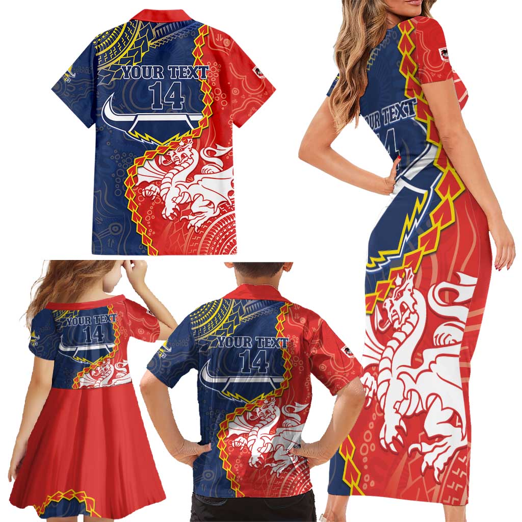 Custom Dragons And Cowboys Rugby Family Matching Short Sleeve Bodycon Dress and Hawaiian Shirt Aboriginal Mix Polynesian Pattern