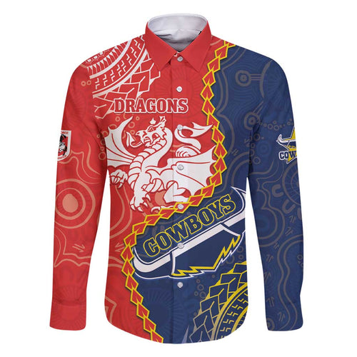 Custom Dragons And Cowboys Rugby Family Matching Short Sleeve Bodycon Dress and Hawaiian Shirt Aboriginal Mix Polynesian Pattern