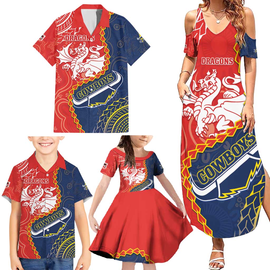 Custom Dragons And Cowboys Rugby Family Matching Summer Maxi Dress and Hawaiian Shirt Aboriginal Mix Polynesian Pattern