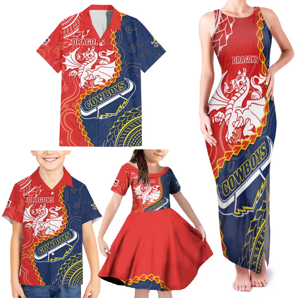 Custom Dragons And Cowboys Rugby Family Matching Tank Maxi Dress and Hawaiian Shirt Aboriginal Mix Polynesian Pattern