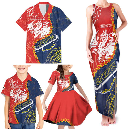 Custom Dragons And Cowboys Rugby Family Matching Tank Maxi Dress and Hawaiian Shirt Aboriginal Mix Polynesian Pattern