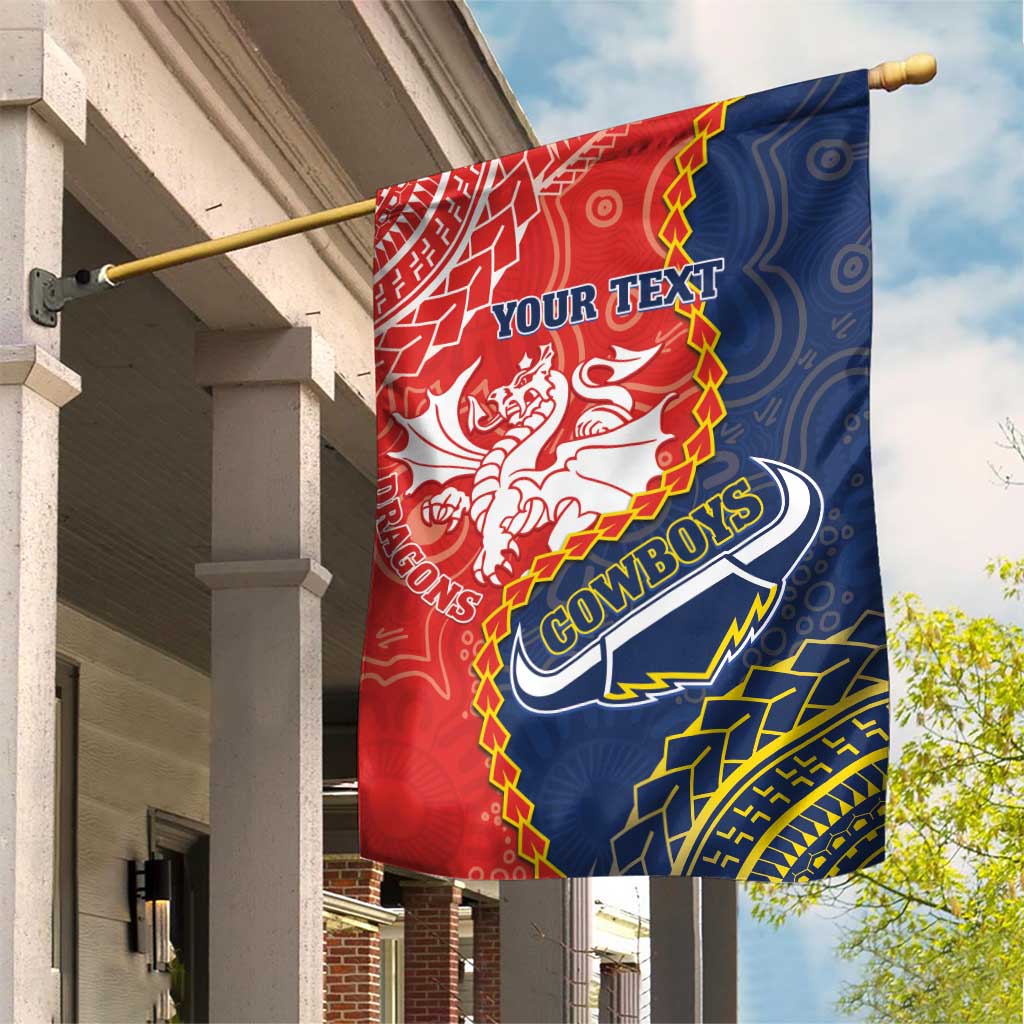 Custom Dragons And Cowboys Rugby Garden Flag Aboriginal Mix Polynesian Pattern