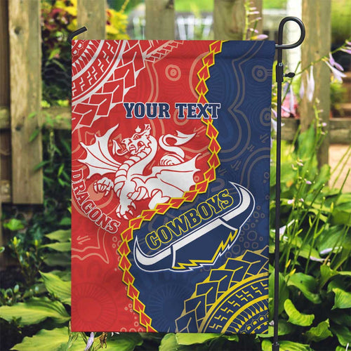 Custom Dragons And Cowboys Rugby Garden Flag Aboriginal Mix Polynesian Pattern