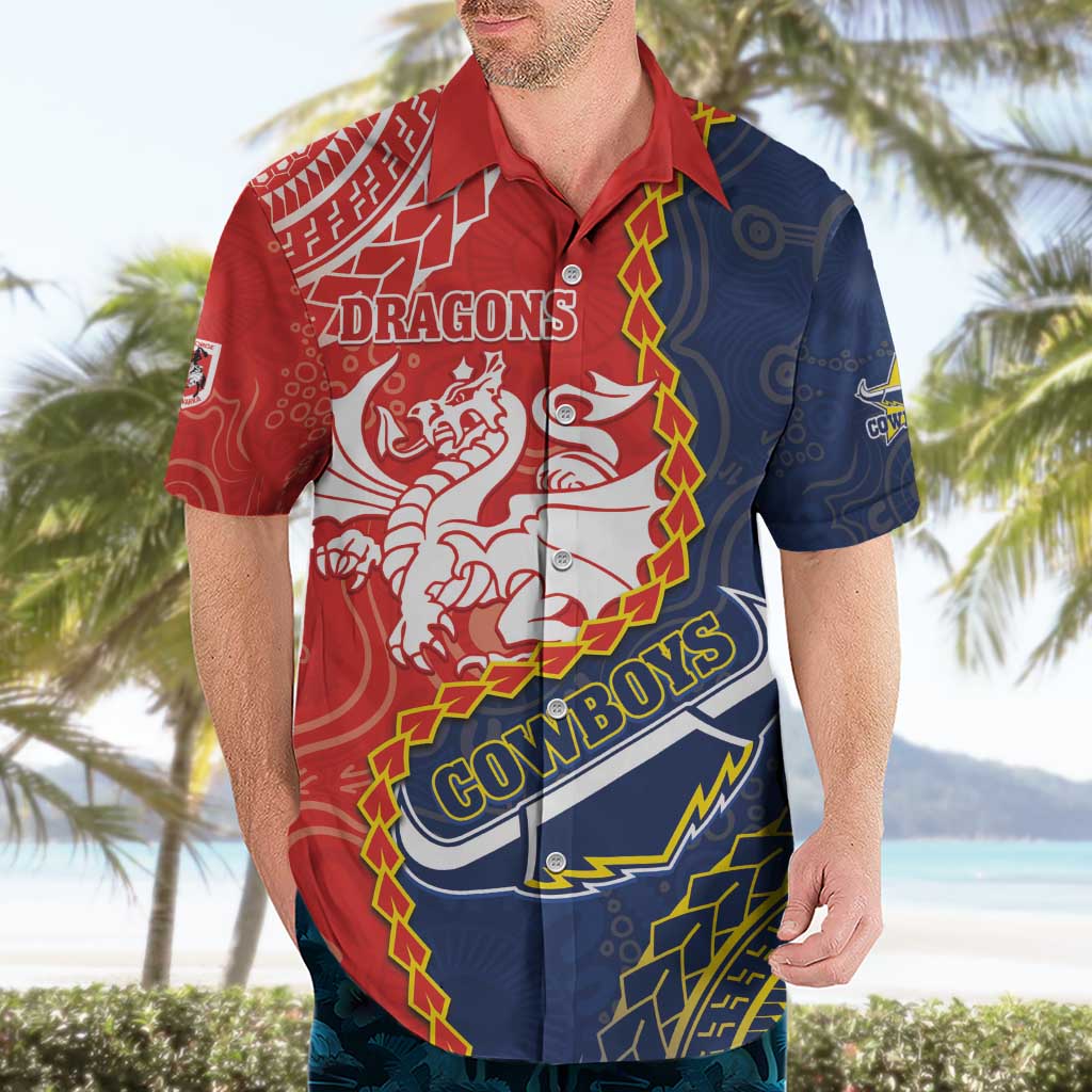 Custom Dragons And Cowboys Rugby Hawaiian Shirt Aboriginal Mix Polynesian Pattern