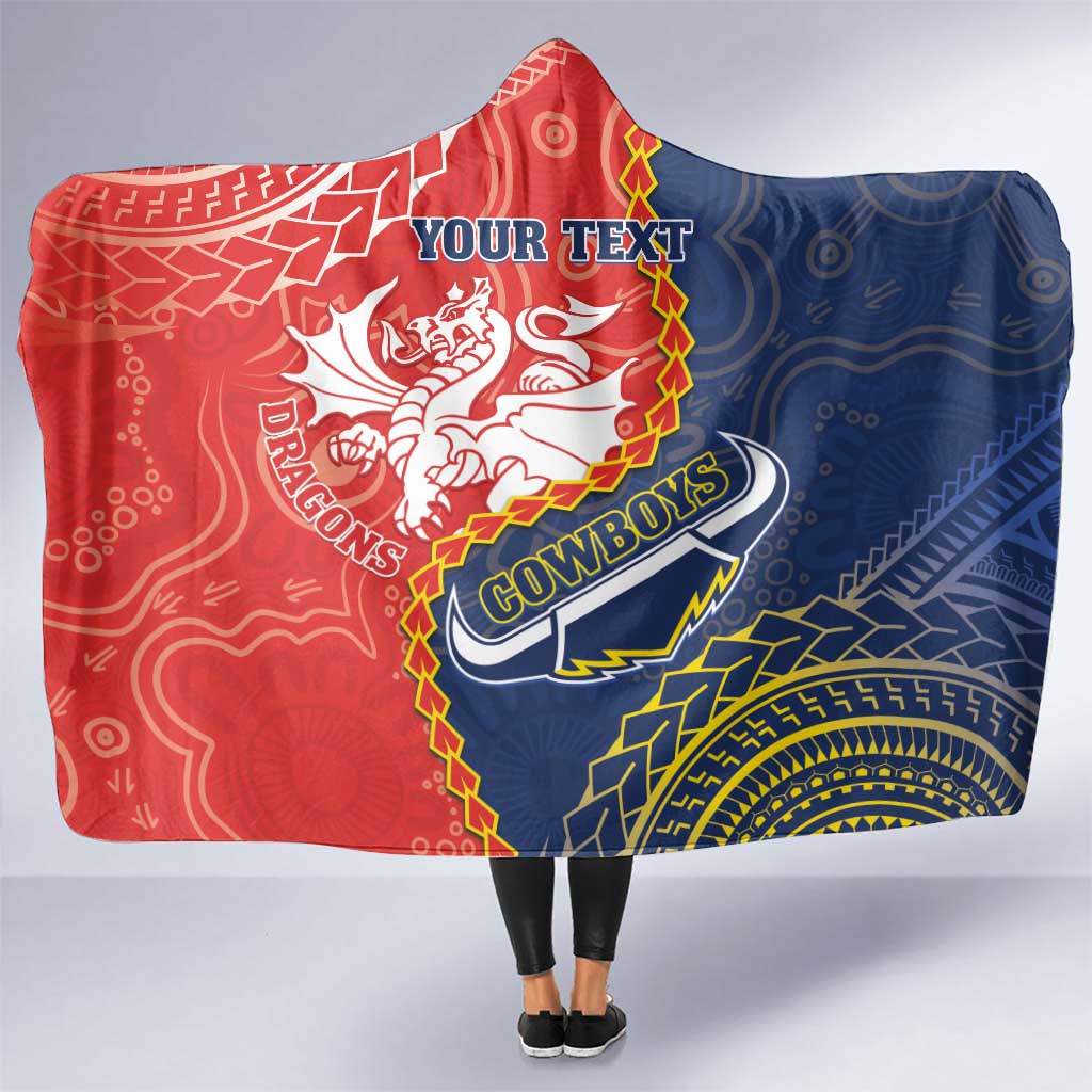 Custom Dragons And Cowboys Rugby Hooded Blanket Aboriginal Mix Polynesian Pattern