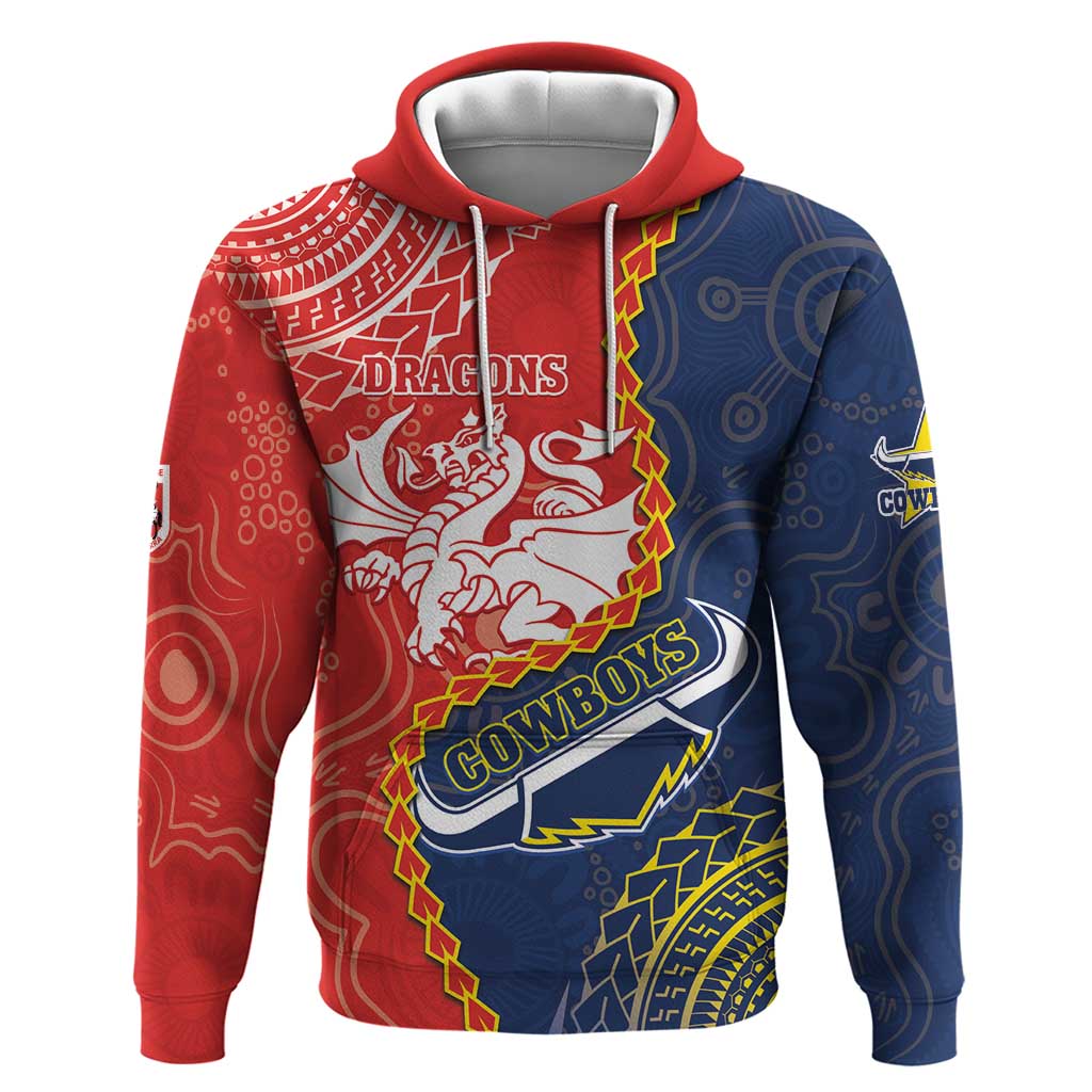 Custom Dragons And Cowboys Rugby Hoodie Aboriginal Mix Polynesian Pattern