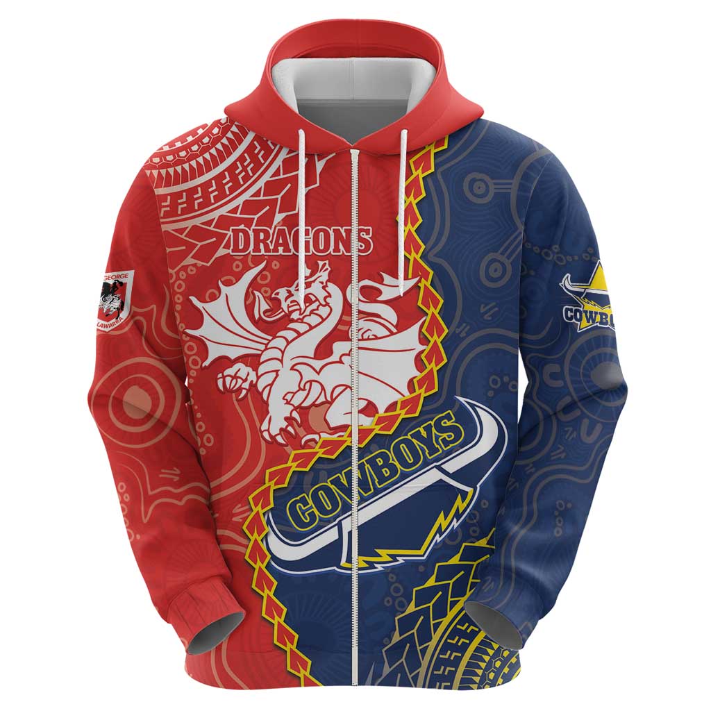 Custom Dragons And Cowboys Rugby Hoodie Aboriginal Mix Polynesian Pattern