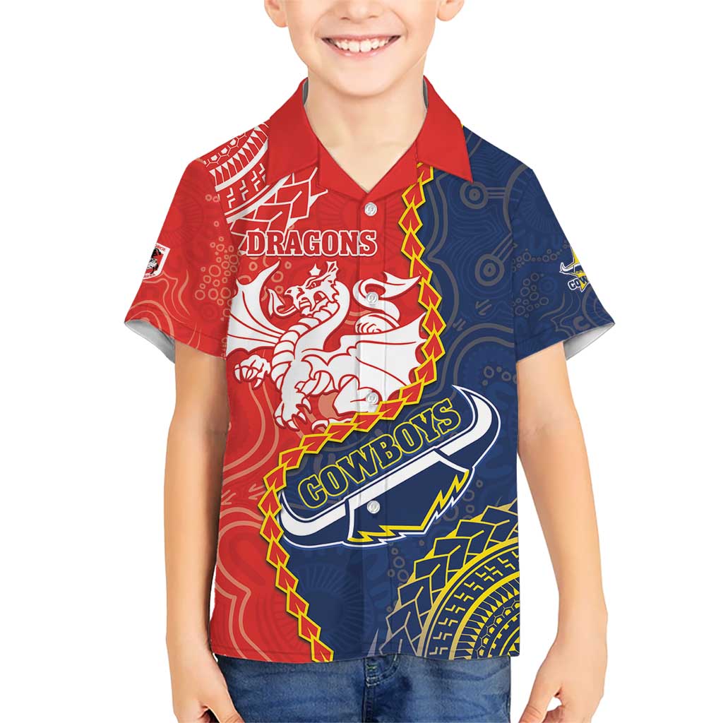 Custom Dragons And Cowboys Rugby Kid Hawaiian Shirt Aboriginal Mix Polynesian Pattern