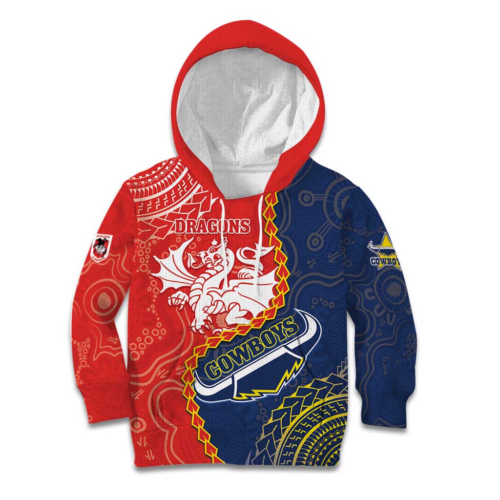 Custom Dragons And Cowboys Rugby Kid Hoodie Aboriginal Mix Polynesian Pattern