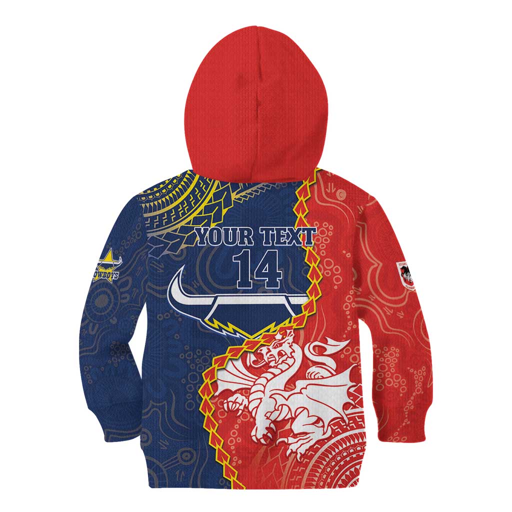 Custom Dragons And Cowboys Rugby Kid Hoodie Aboriginal Mix Polynesian Pattern