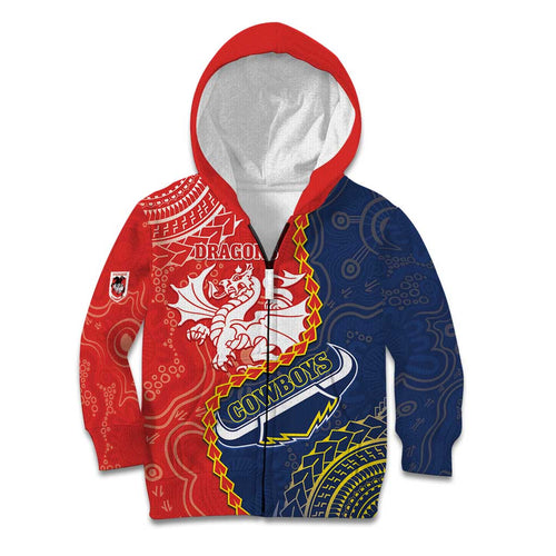 Custom Dragons And Cowboys Rugby Kid Hoodie Aboriginal Mix Polynesian Pattern