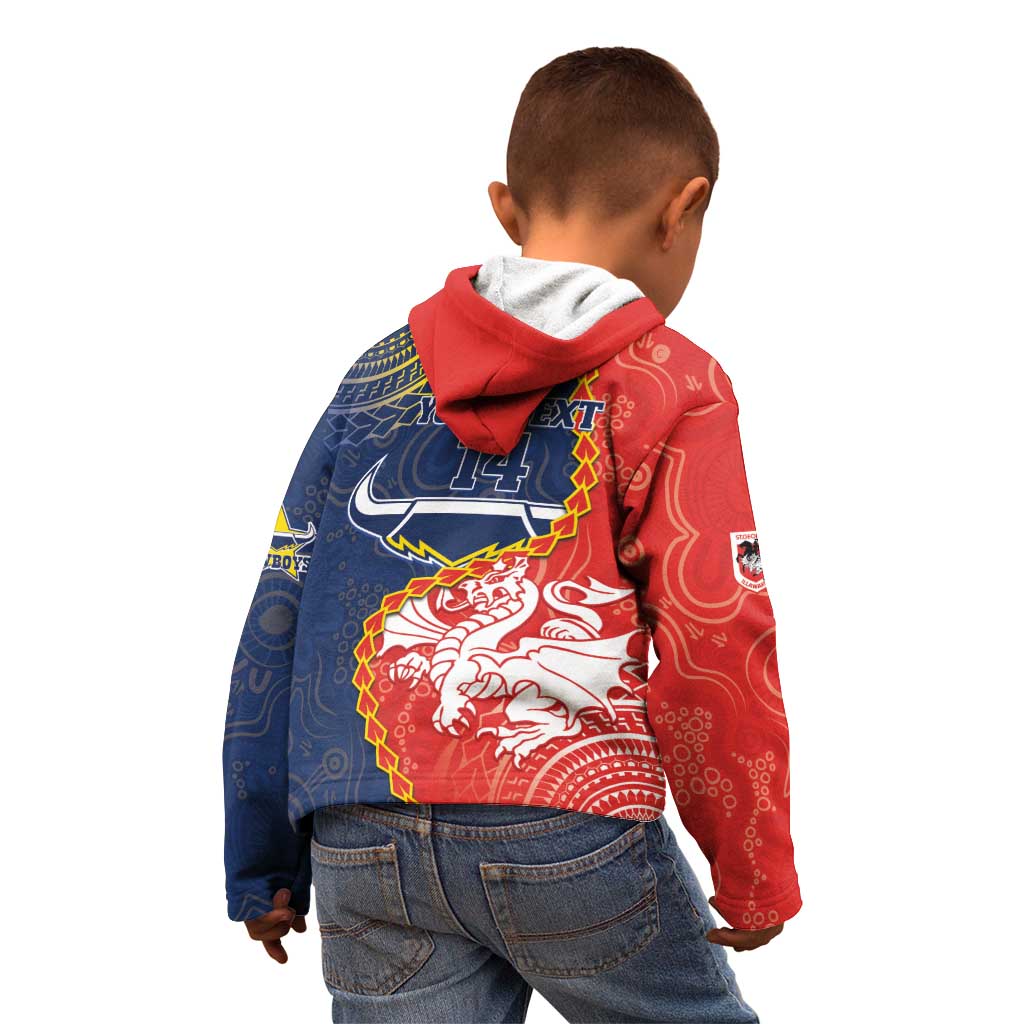 Custom Dragons And Cowboys Rugby Kid Hoodie Aboriginal Mix Polynesian Pattern