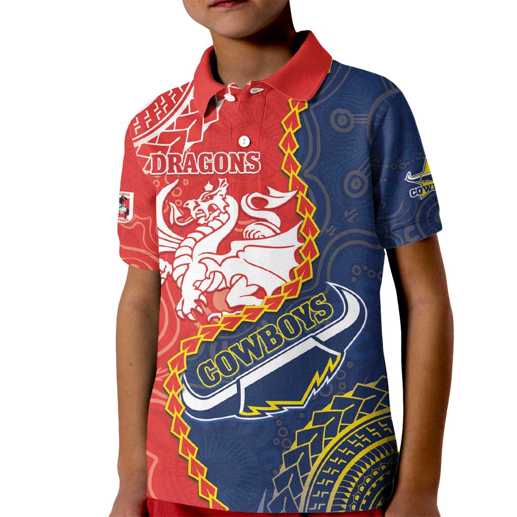 Custom Dragons And Cowboys Rugby Kid Polo Shirt Aboriginal Mix Polynesian Pattern