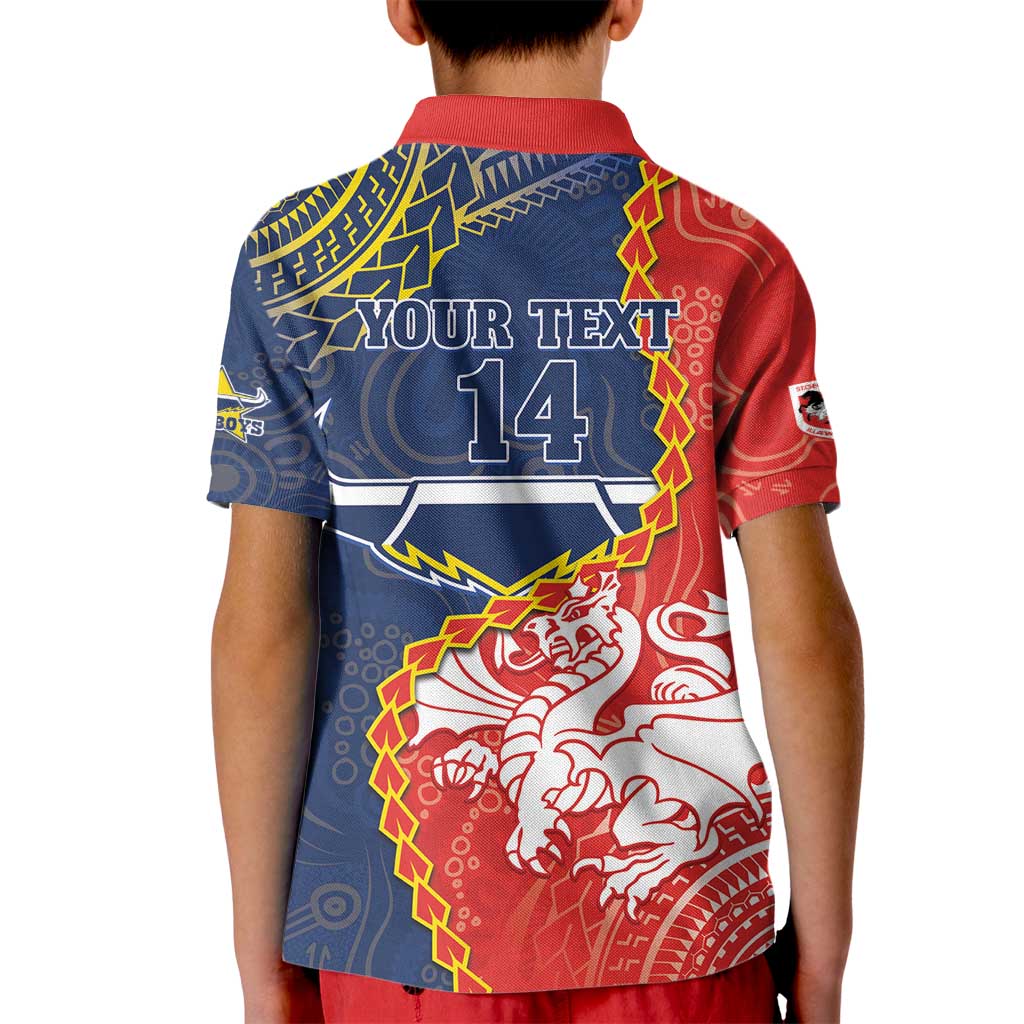 Custom Dragons And Cowboys Rugby Kid Polo Shirt Aboriginal Mix Polynesian Pattern