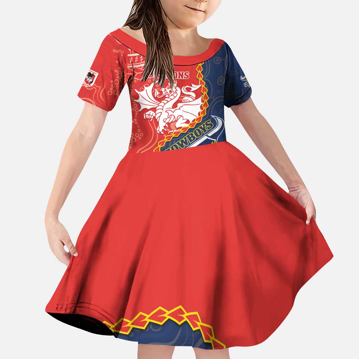Custom Dragons And Cowboys Rugby Kid Short Sleeve Dress Aboriginal Mix Polynesian Pattern