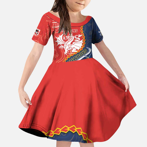 Custom Dragons And Cowboys Rugby Kid Short Sleeve Dress Aboriginal Mix Polynesian Pattern