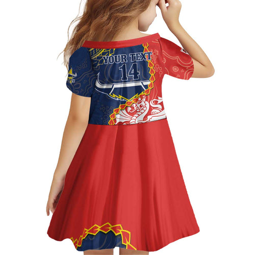 Custom Dragons And Cowboys Rugby Kid Short Sleeve Dress Aboriginal Mix Polynesian Pattern