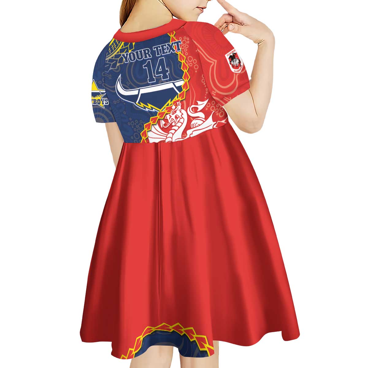 Custom Dragons And Cowboys Rugby Kid Short Sleeve Dress Aboriginal Mix Polynesian Pattern