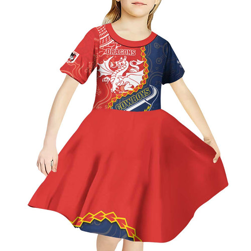 Custom Dragons And Cowboys Rugby Kid Short Sleeve Dress Aboriginal Mix Polynesian Pattern