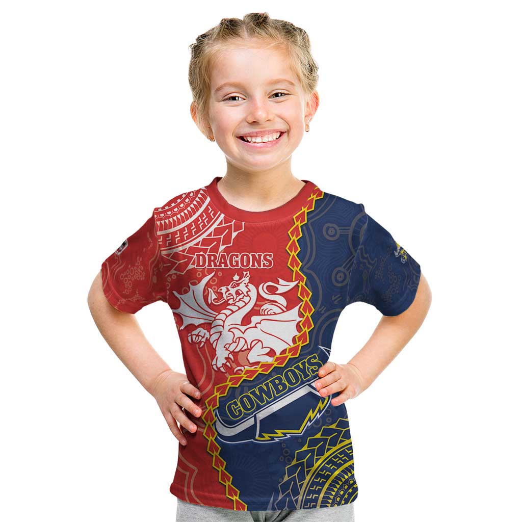 Custom Dragons And Cowboys Rugby Kid T Shirt Aboriginal Mix Polynesian Pattern