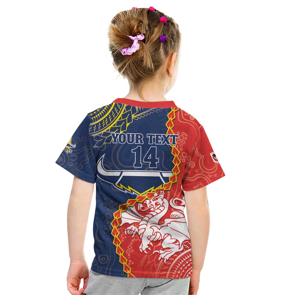 Custom Dragons And Cowboys Rugby Kid T Shirt Aboriginal Mix Polynesian Pattern