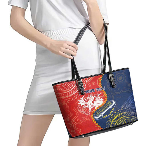 Custom Dragons And Cowboys Rugby Leather Tote Bag Aboriginal Mix Polynesian Pattern