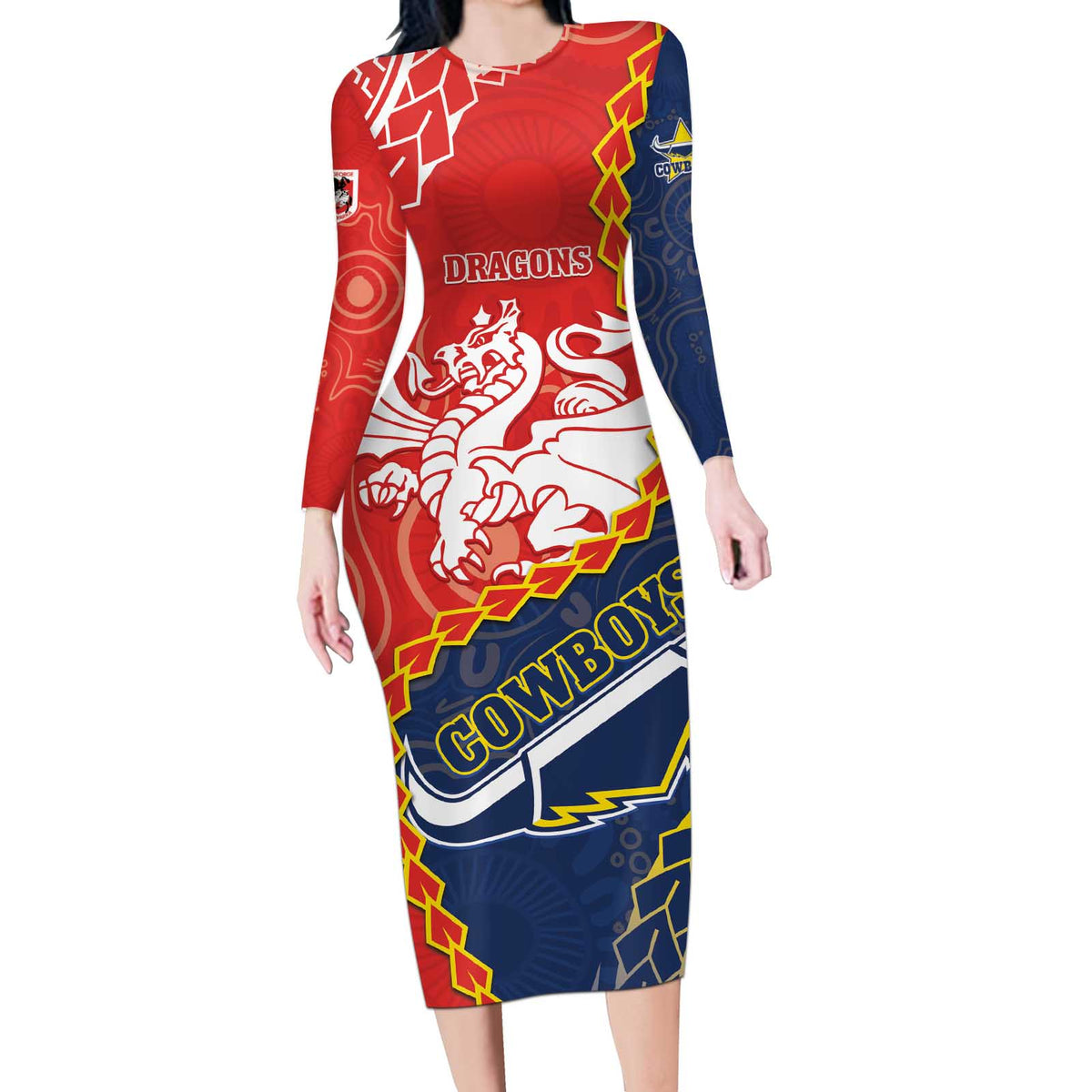 Custom Dragons And Cowboys Rugby Long Sleeve Bodycon Dress Aboriginal Mix Polynesian Pattern