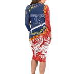 Custom Dragons And Cowboys Rugby Long Sleeve Bodycon Dress Aboriginal Mix Polynesian Pattern