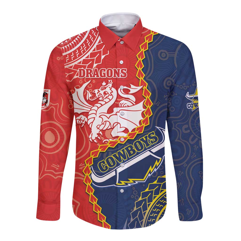 Custom Dragons And Cowboys Rugby Long Sleeve Button Shirt Aboriginal Mix Polynesian Pattern