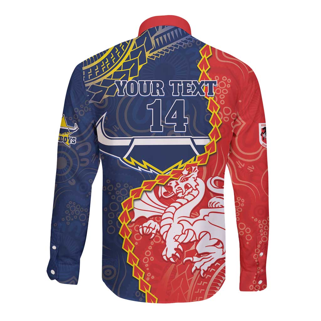 Custom Dragons And Cowboys Rugby Long Sleeve Button Shirt Aboriginal Mix Polynesian Pattern