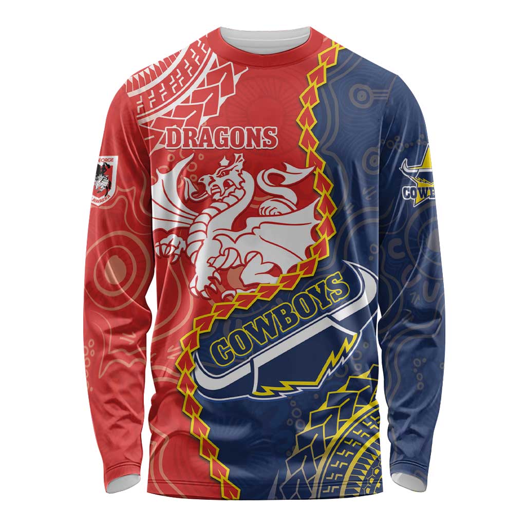 Custom Dragons And Cowboys Rugby Long Sleeve Shirt Aboriginal Mix Polynesian Pattern
