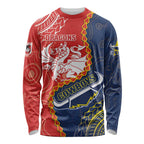 Custom Dragons And Cowboys Rugby Long Sleeve Shirt Aboriginal Mix Polynesian Pattern