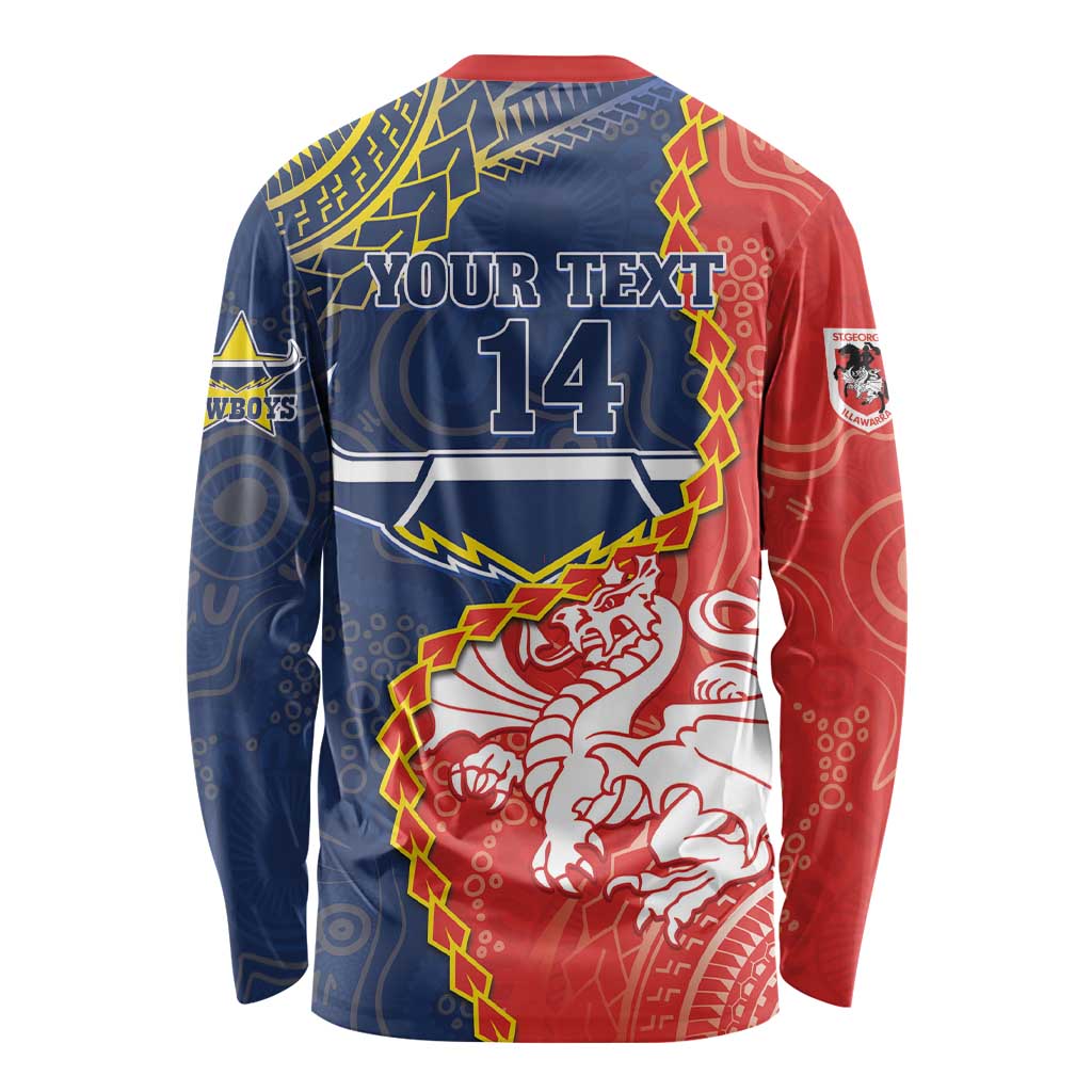 Custom Dragons And Cowboys Rugby Long Sleeve Shirt Aboriginal Mix Polynesian Pattern