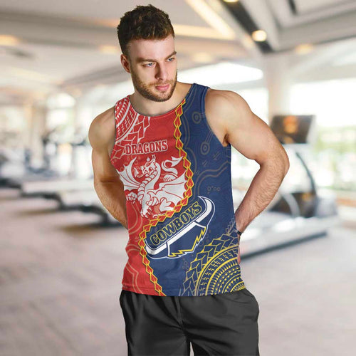 Custom Dragons And Cowboys Rugby Men Tank Top Aboriginal Mix Polynesian Pattern