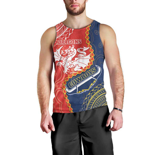Custom Dragons And Cowboys Rugby Men Tank Top Aboriginal Mix Polynesian Pattern