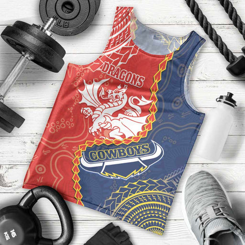 Custom Dragons And Cowboys Rugby Men Tank Top Aboriginal Mix Polynesian Pattern