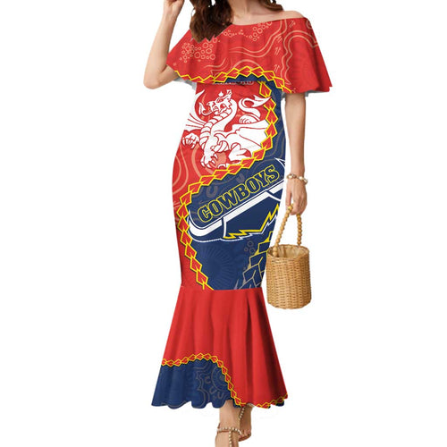 Custom Dragons And Cowboys Rugby Mermaid Dress Aboriginal Mix Polynesian Pattern
