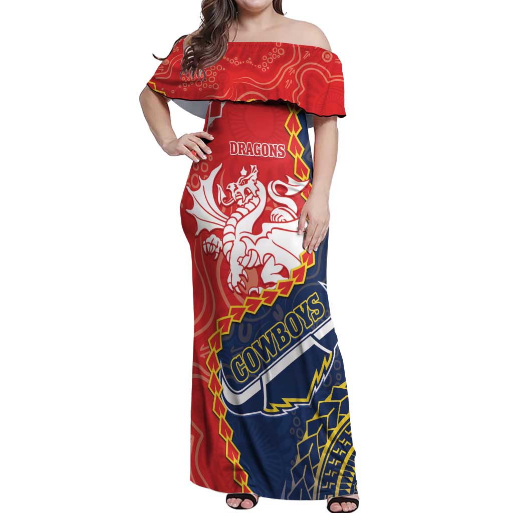 Custom Dragons And Cowboys Rugby Off Shoulder Maxi Dress Aboriginal Mix Polynesian Pattern