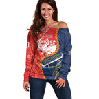 Custom Dragons And Cowboys Rugby Off Shoulder Sweater Aboriginal Mix Polynesian Pattern