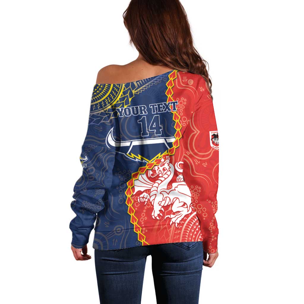 Custom Dragons And Cowboys Rugby Off Shoulder Sweater Aboriginal Mix Polynesian Pattern