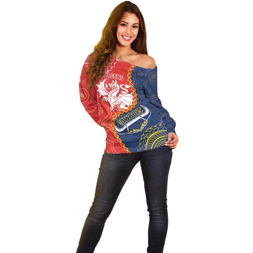 Custom Dragons And Cowboys Rugby Off Shoulder Sweater Aboriginal Mix Polynesian Pattern